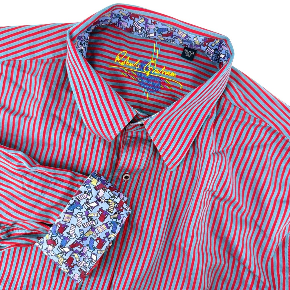 Robert Graham Men 3XL Red Blue Striped Long Sleeve Button Down Beach Print Shirt